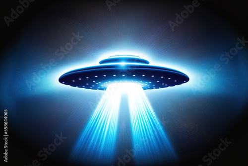 a UFO light alien like sky rays. UFO spacecraft with a beam and a saucer Illustration of a ufo flying. Generative AI
