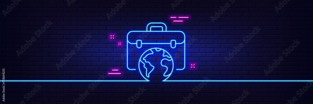 Neon light glow effect. Global business line icon. Businessman case sign. Internet marketing symbol. 3d line neon glow icon. Brick wall banner. Businessman case outline. Vector Neon light glow effect. Global business line icon. Businessman case sign. Internet marketing symbol. 3d line neon glow icon. Brick wall banner. Businessman case outline. Vector