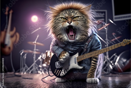Cats as rock stars playing guitar at concert created with generative AI technology. High quality illustration