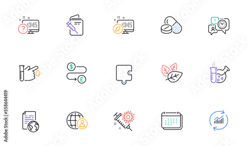 Calendar, Web system and Money transfer line icons for website, printing. Collection of Time management, Medical drugs, Vaccination passport icons. Chemistry lab, Blood donation. Vector