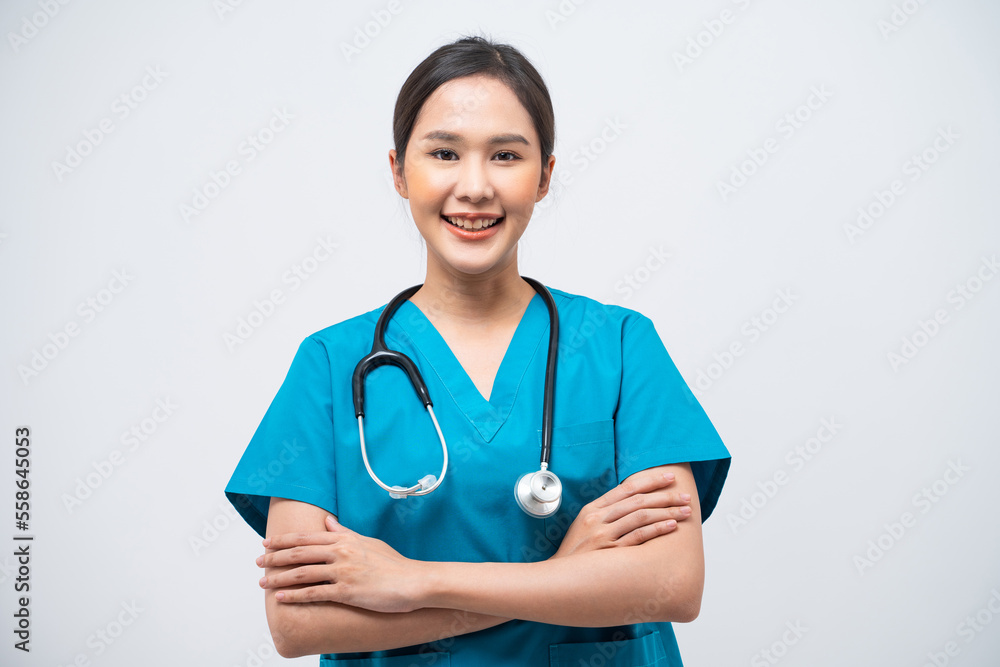 Portrait of Asian female doctor standing with arms crossed and stethoscope isolated on white background. Portrait of Asian female doctor standing with arms crossed and stethoscope isolated on white background.