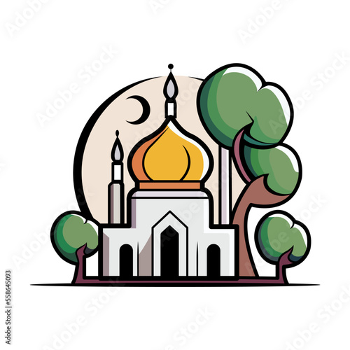 Flat style Muslim mosque isolated on white background.Vector illustration cartoon design.Beautiful muslim temple icon illustration.Eid Mubarak greetings.Ramadan Kareem.