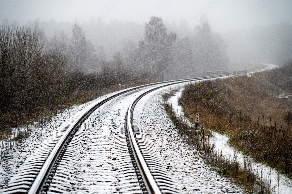 Fototapeta premium Winter landscape. Railway on a frosty morning