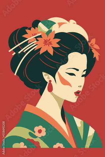 portrait japanese geisha in kimono, japan woman in traditional floral ornament