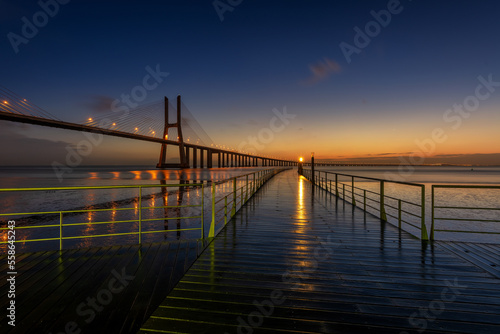 Sunrise in Vasco da Gama bridge Lisbon Portugal