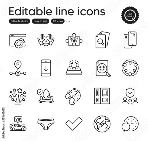 Fototapeta Naklejka Na Ścianę i Meble -  Set of Business outline icons. Contains icons as Seo gear, Station and Sun energy elements. Vip transfer, Scroll down, Panties web signs. Inspect, Fireworks stars, Tick elements. Vector