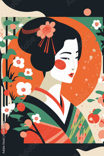 Fototapeta portrait japanese geisha in kimono, japan woman in traditional floral ornament