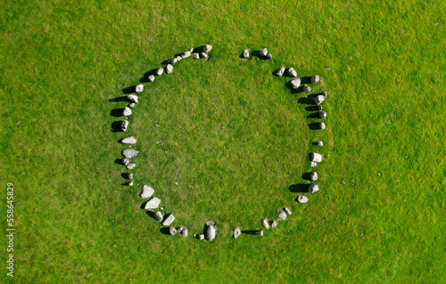 Swinside stone circle aka Sunkenkirk. Near Broughton in Furness, Cumbria. Neolithic. Aerial drone photo