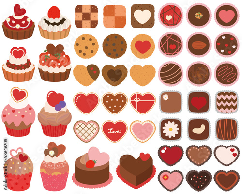 バレンタインのチョコレートとクッキーとケーキのセットハート多め