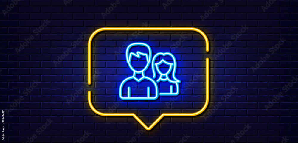Neon light speech bubble. Group line icon. Users or Teamwork sign. Male and Female Person silhouette symbol. Neon light background. Teamwork glow line. Brick wall banner. Vector Neon light speech bubble. Group line icon. Users or Teamwork sign. Male and Female Person silhouette symbol. Neon light background. Teamwork glow line. Brick wall banner. Vector