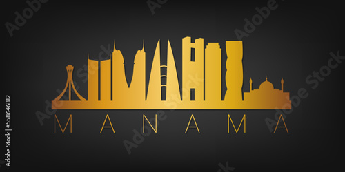 Manama, Bahrain Gold Skyline City Silhouette Vector. Golden Design Luxury Style Icon Symbols. Travel and Tourism Famous Buildings.
