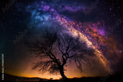 Stunning milky way shown in the background of a long exposure night sky shot showing a tree silhouette. Generative AI