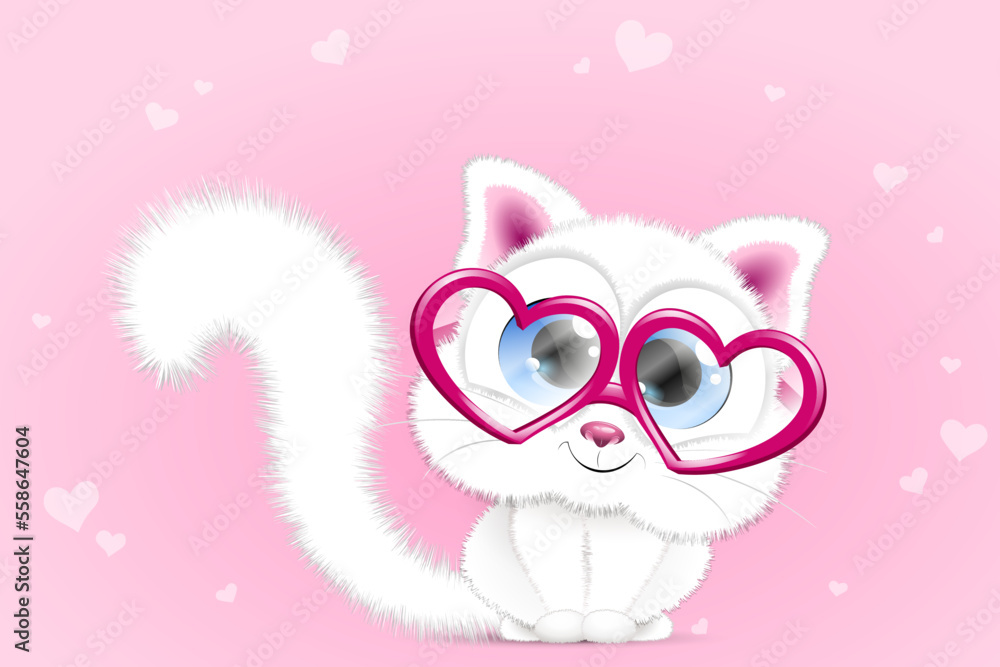 Cute white cartoon cat with pink heart shape eyeglasses. 