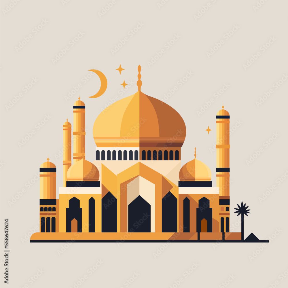 Flat style Muslim mosque isolated on white background.Vector illustration cartoon design.Beautiful muslim temple icon illustration.Eid Mubarak greetings.Ramadan Kareem.