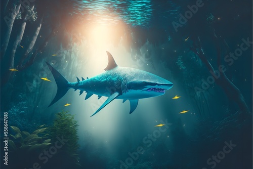 A big white shark in 3D rendered artwork in the sea under the water. Generative Ai
