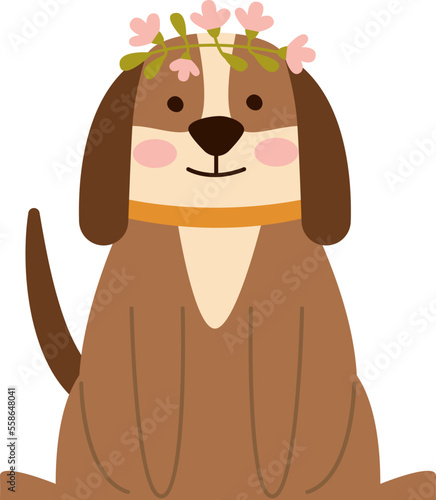 Pretty dog with floral wreath flat icon Zoo animal
