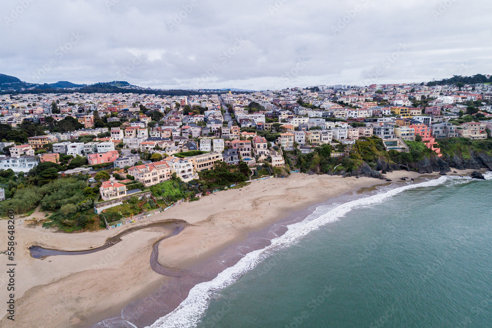 Sea Cliff area in San Francisco, California. USA. Baker Beach in Foreground. Drone Point of View.