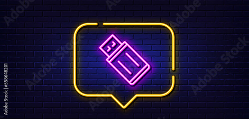 Neon light speech bubble. USB flash drive line icon. Memory stick sign. Portable data storage symbol. Neon light background. USB flash glow line. Brick wall banner. Vector