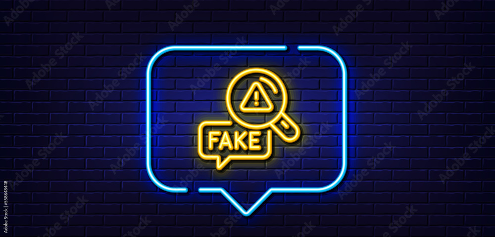 Neon light speech bubble. Fake news line icon. Propaganda conspiracy sign. Check wrong truth symbol. Neon light background. Fake news glow line. Brick wall banner. Vector Neon light speech bubble. Fake news line icon. Propaganda conspiracy sign. Check wrong truth symbol. Neon light background. Fake news glow line. Brick wall banner. Vector