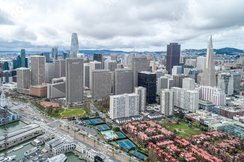 San Francisco Cityscape. Business District with Skyscraper in Background. Financial District. California. Drone. USA