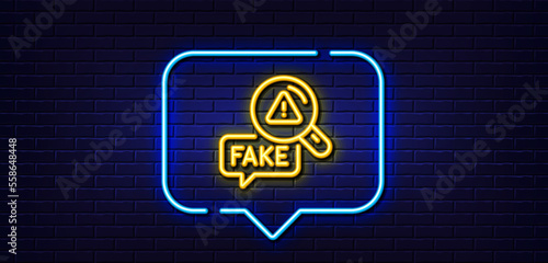 Neon light speech bubble. Fake news line icon. Propaganda conspiracy sign. Check wrong truth symbol. Neon light background. Fake news glow line. Brick wall banner. Vector