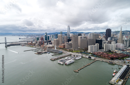 Embarcadero in San Francisco. Pier and Eastern Waterfront and Roadway of the Port of San Francisco  San Francisco  California. USA. Drone