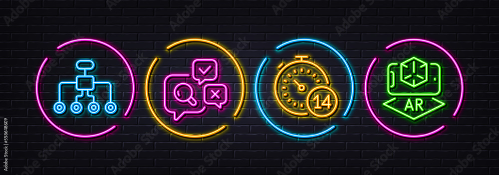 Quarantine, Inspect and Restructuring minimal line icons. Neon laser 3d lights. Augmented reality icons. For web, application, printing. Self-isolate, Research bubbles, Delegate. Vector