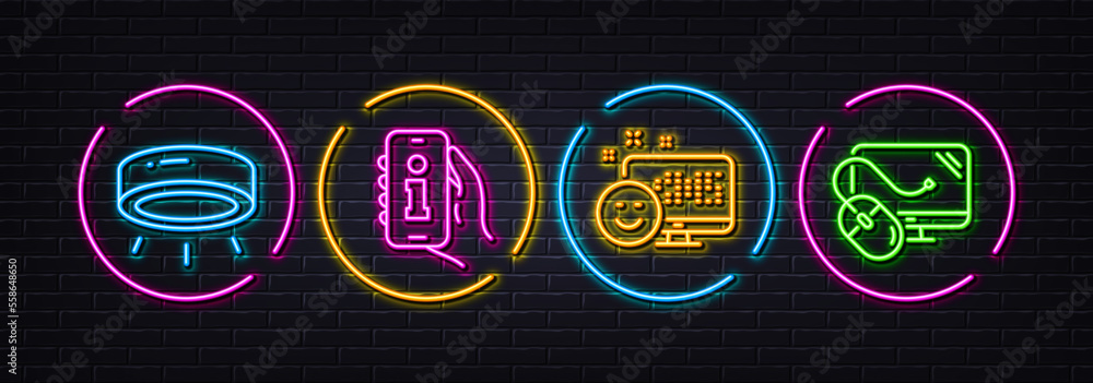 Info app, Led lamp and Smile minimal line icons. Neon laser 3d lights. Computer mouse icons. For web, application, printing. Smartphone information, Spotlight illuminate, Positive feedback. Vector