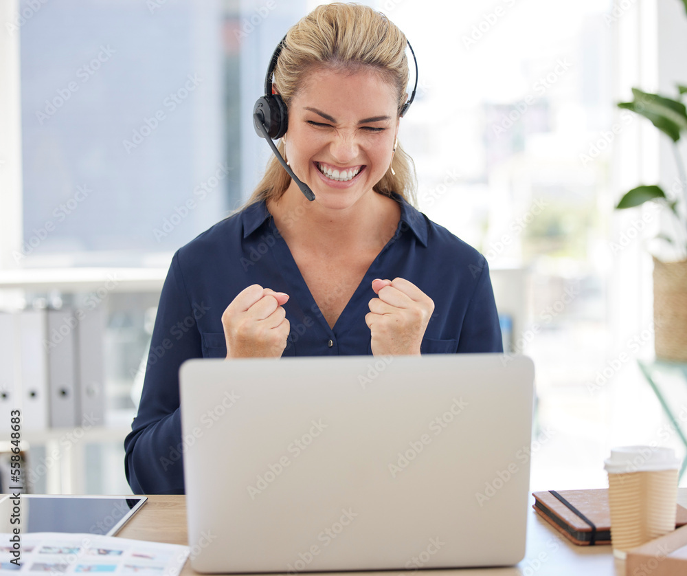 Call center, laptop and winner woman with fist for success, yes and celebration of bonus, sales and profit in telemarketing. Wow, surprise and target, goals or online feedback of consultant promotion Call center, laptop and winner woman with fist for success, yes and celebration of bonus, sales and profit in telemarketing. Wow, surprise and target, goals or online feedback of consultant promotion