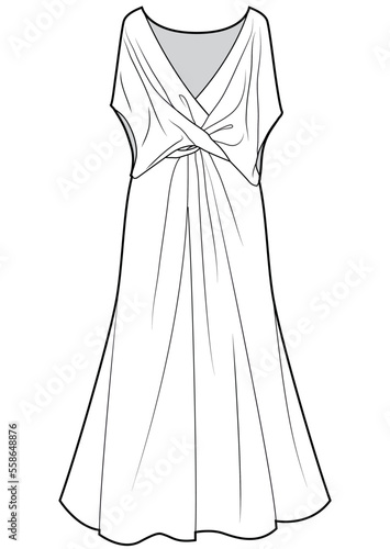 womens maxi cowl dress flat sketch technical cad drawing vector template