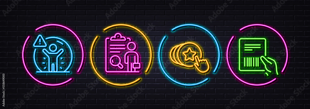 Inspect, Social distance and Hold heart minimal line icons. Neon laser 3d lights. Parcel invoice icons. For web, application, printing. Research list, People protection, Love brand. Vector
