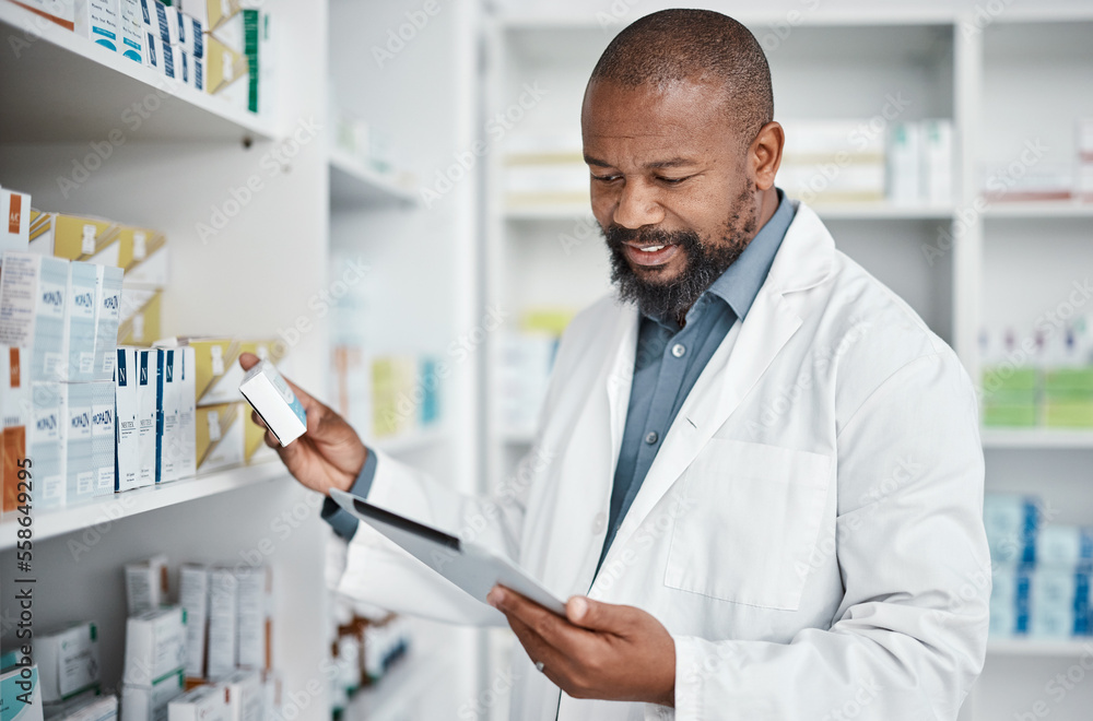 Pharmacy, medicine and black man with tablet to check inventory, stock and medication for online prescription. Healthcare, medical worker and pharmacist with pills, health products and checklist Pharmacy, medicine and black man with tablet to check inventory, stock and medication for online prescription. Healthcare, medical worker and pharmacist with pills, health products and checklist
