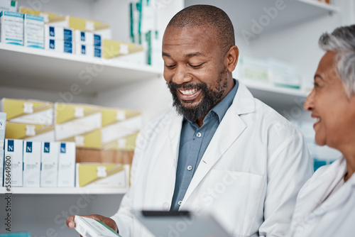 Pharmacy  doctors or pharmacist with medicine for stock  inventory or supplements products check. Tablet  teamwork or happy senior healthcare people working or speaking of pills or medical drugs