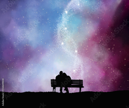 Beautiful colorful night stars with siluet couple background wallpaper