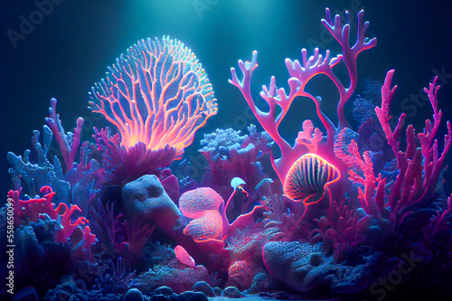 Beautiful underwater world with corals and tropical fish, ai illustration