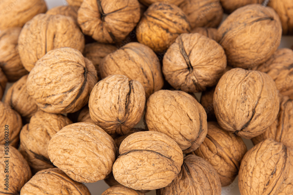 Walnut in shell isolated on white background. Energy boost for the day. The concept of proper nutrition. Tasty breakfast. Walnut in shell isolated on white background. Energy boost for the day. The concept of proper nutrition. Tasty breakfast.