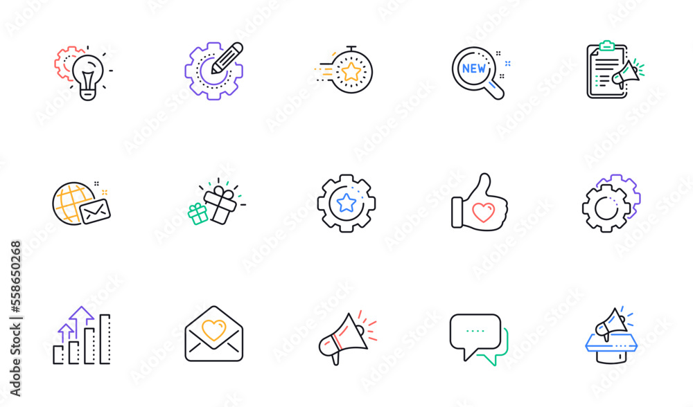 Brand social project line icons. Business strategy, Megaphone and Representative. Influence campaign, social media marketing, brand ambassador icons. Linear set. Bicolor outline web elements. Vector