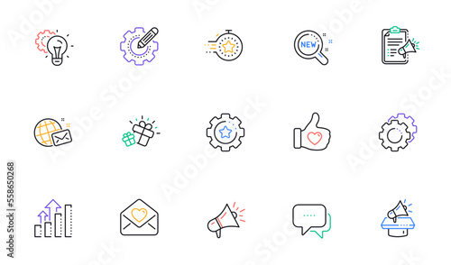 Brand social project line icons. Business strategy, Megaphone and Representative. Influence campaign, social media marketing, brand ambassador icons. Linear set. Bicolor outline web elements. Vector
