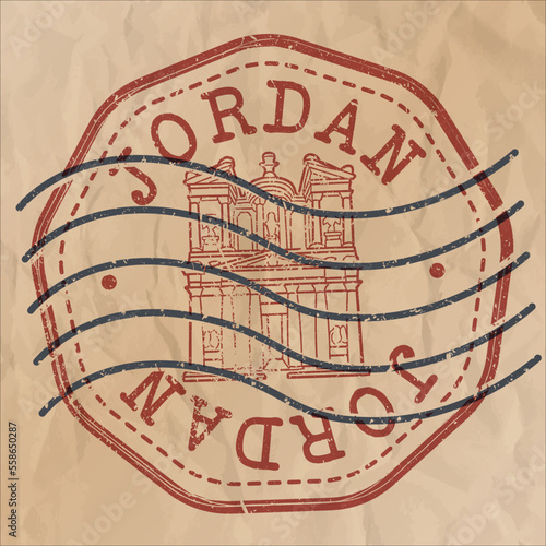 Jordan Stamp Travel Passport. Design Retro Symbol Country. Old Vintage Postmark.