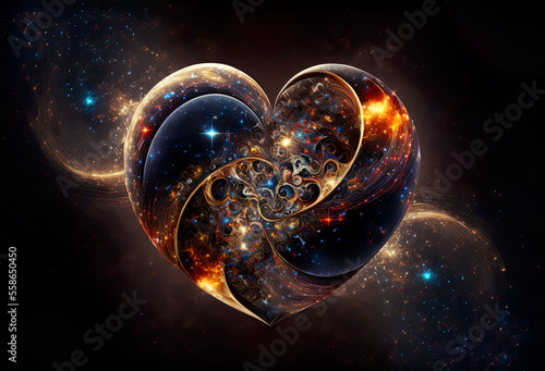 Cosmic heart  beating and shining through space and time, universal love, spirituality and esoteric, illustration, generated ai photo