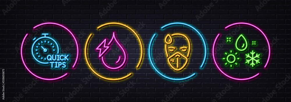 Quick tips, Hydroelectricity and Sick man minimal line icons. Neon laser 3d lights. Weather icons. For web, application, printing. Helpful tricks, Hydroelectric energy, Epidemic protection. Vector