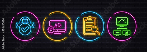 Verified internet, Search analysis and Seo adblock minimal line icons. Neon laser 3d lights. Work home icons. For web, application, printing. Confirmed web, Find survey, Search engine. Vector