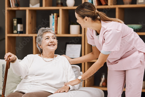 Принти на полотні Nurse, woman and nursing home support, help and kindness for medical homecare service