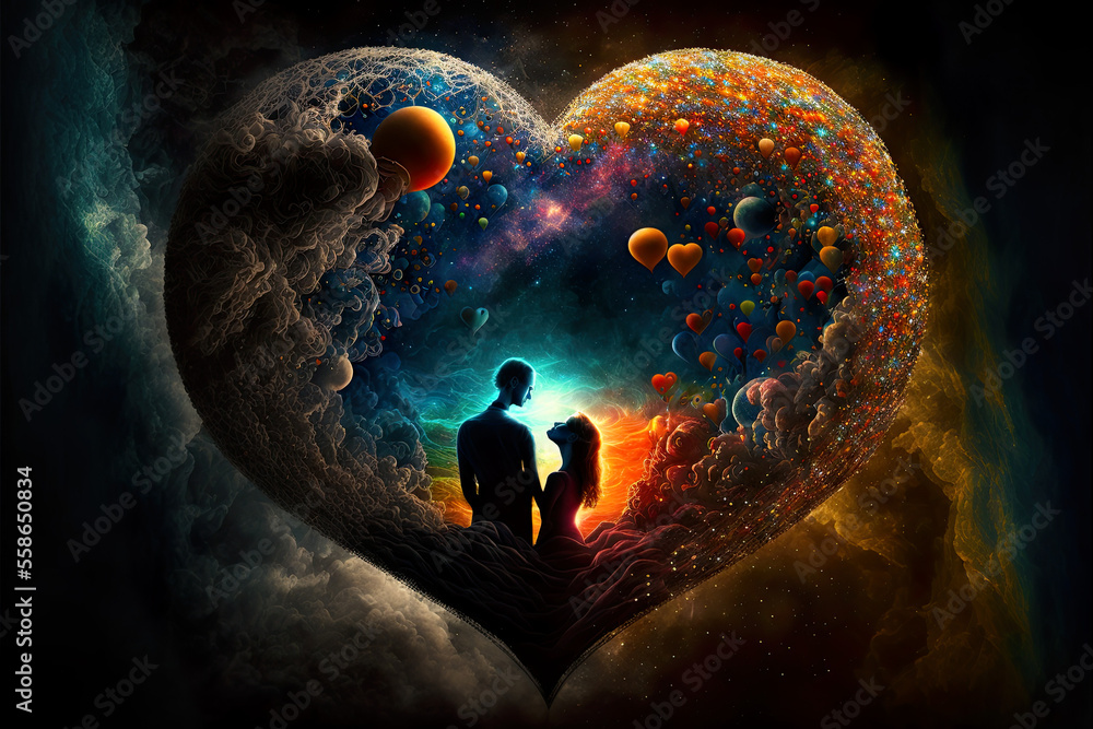 Couple in awe and love, loving souls, soulmates through time and space, beautiful peaceful emotions, illustration, generated art