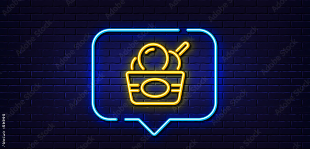 Neon light speech bubble. Ice cream cup line icon. Vanilla sundae sign. Frozen summer dessert symbol. Neon light background. Ice cream glow line. Brick wall banner. Vector Neon light speech bubble. Ice cream cup line icon. Vanilla sundae sign. Frozen summer dessert symbol. Neon light background. Ice cream glow line. Brick wall banner. Vector