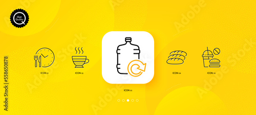 Refill water, Food time and Bread minimal line icons. Yellow abstract background. Fast food, Cafe creme icons. For web, application, printing. Cooler bottle, Eat clock, Fresh baguette. Vector