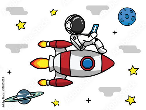 Cheerful astronaut. Flies on a spaceship and flies by planets. Drawing on a white background.