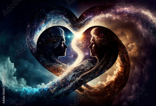 Twin souls in awe and love, twin flames, loving souls, soulmates through time and space, beautiful peaceful emotions, illustration, generati ve ai photo