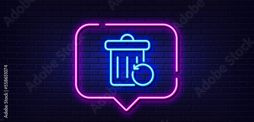 Neon light speech bubble. Recovery trash bin line icon. Backup data sign. Restore information symbol. Neon light background. Recovery trash glow line. Brick wall banner. Vector