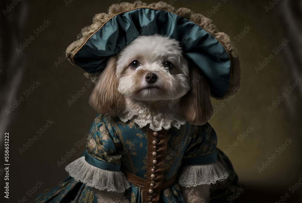 A cute puppy dog wearing a regal dress. Pet portrait in clothing ...